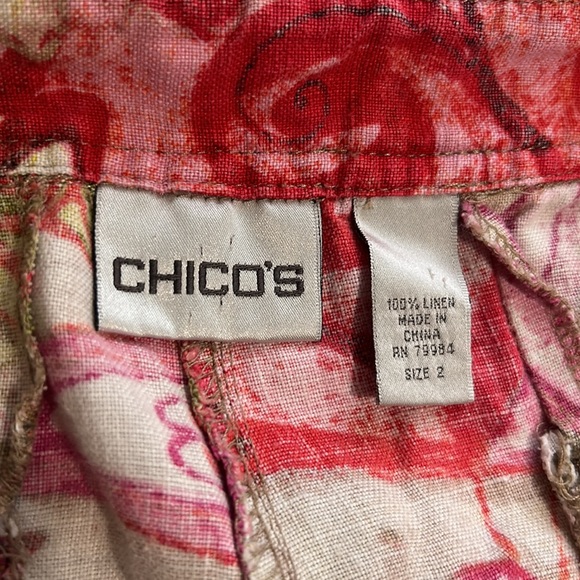 Chico’s Red, Pink & Tan Print 100% Linen Capri’s, Chico’s Size 2 (Size 12) - Picture 5 of 5